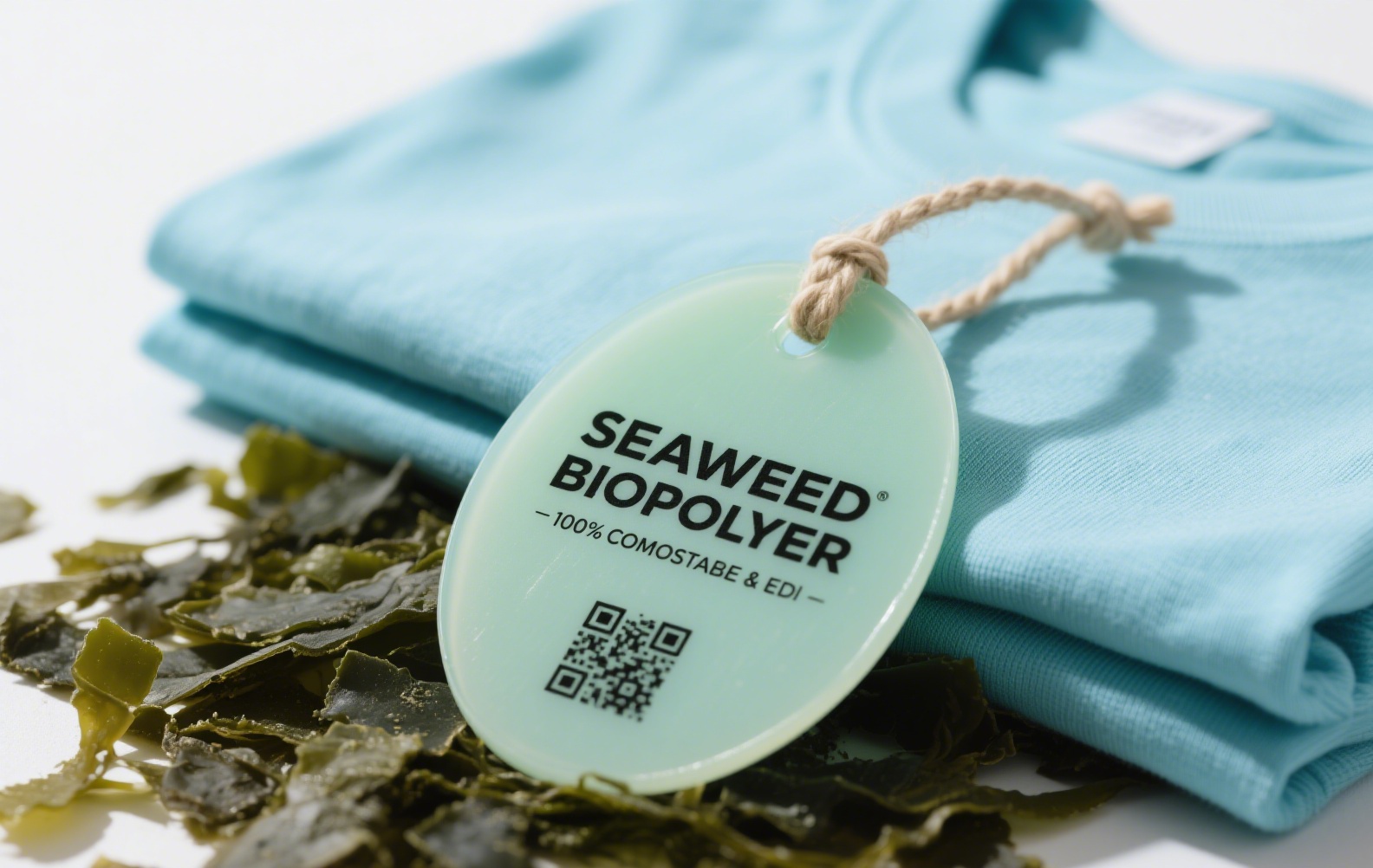 Seaweed-based edible clothing tag on garment